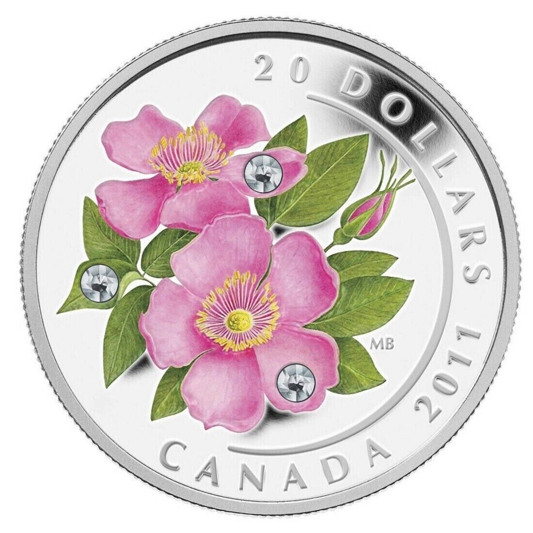 1 Oz Silver Coin 2011 $20 Canada Wild Rose with Swarovski Crystal Dew Drops