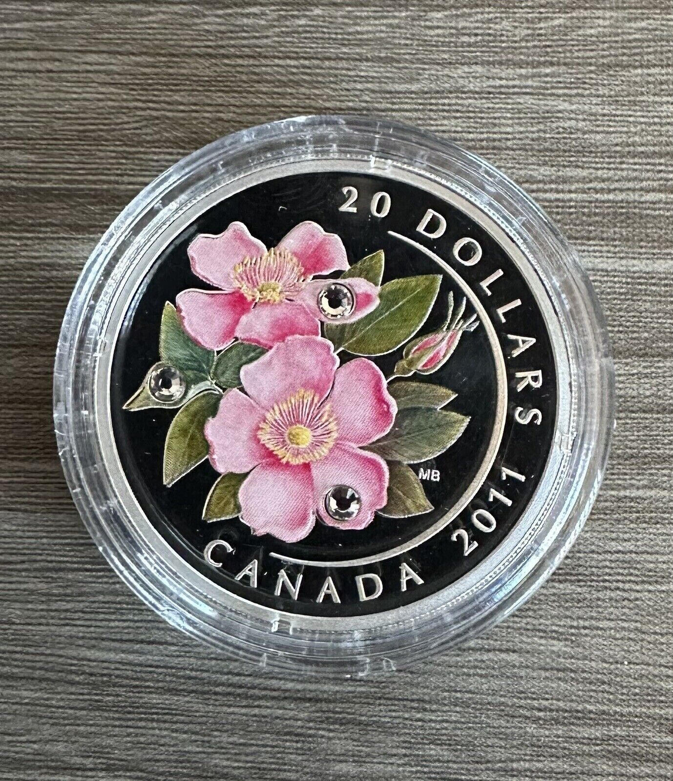 1 Oz Silver Coin 2011 $20 Canada Wild Rose with Swarovski Crystal Dew Drops