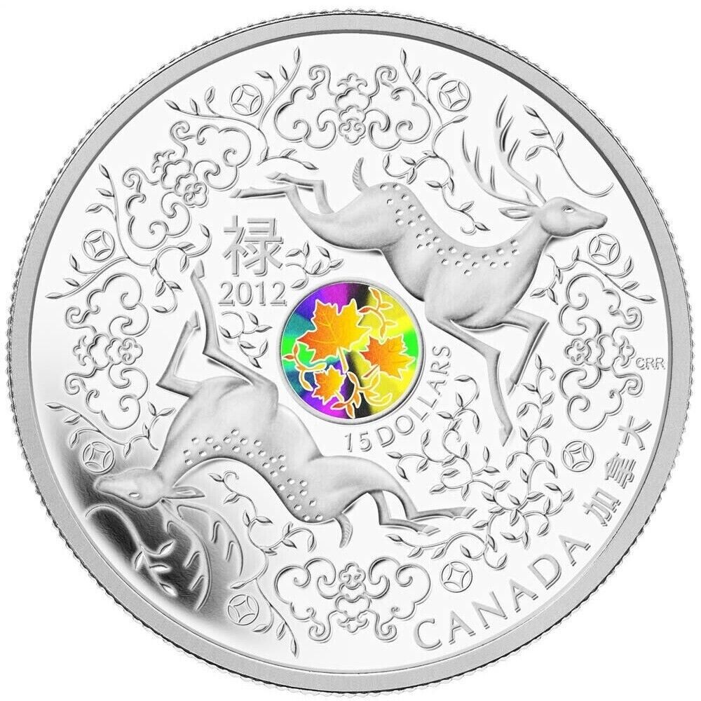 1 Oz Silver Coin 2012 $15 Canada Maple of Fortune Deer Chinese New Year Hologram-classypw.com-1