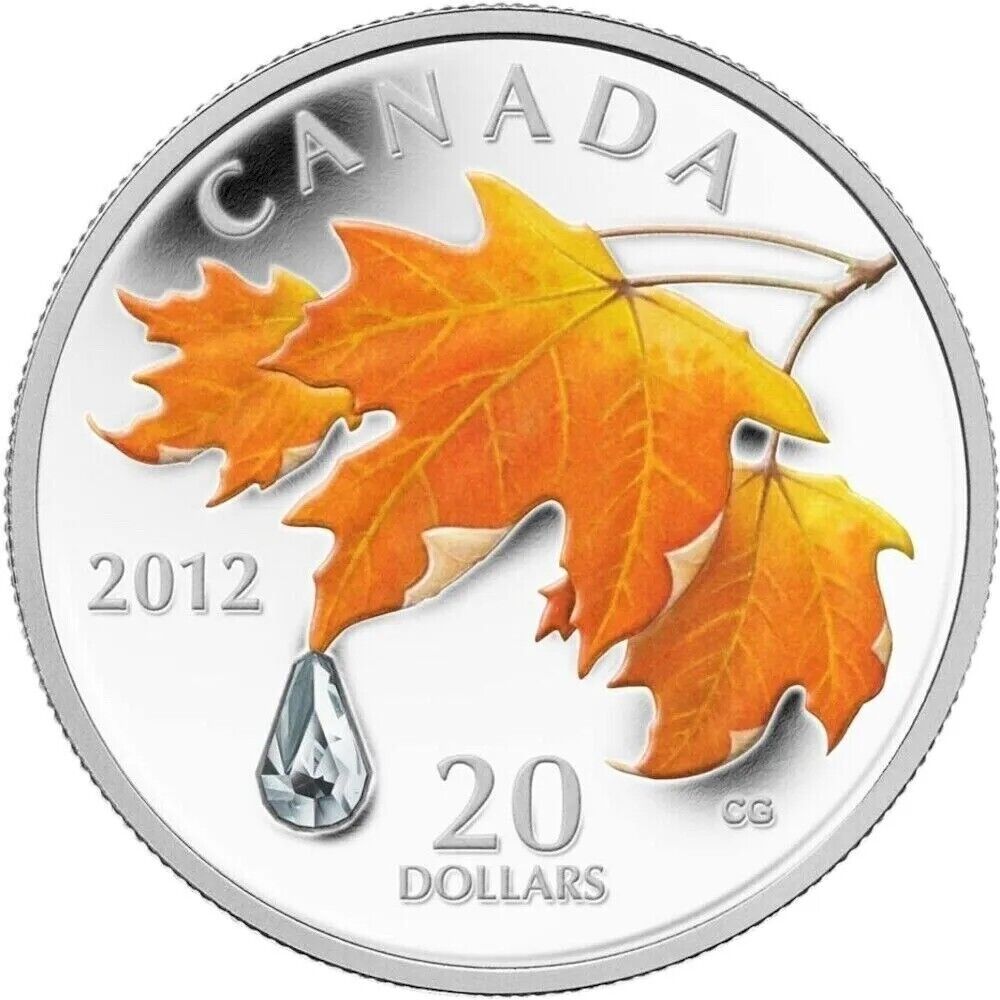 1 Oz Silver Coin 2012 $20 Canada Maple Leaf with Crystal Raindrop Swarovski-classypw.com-1