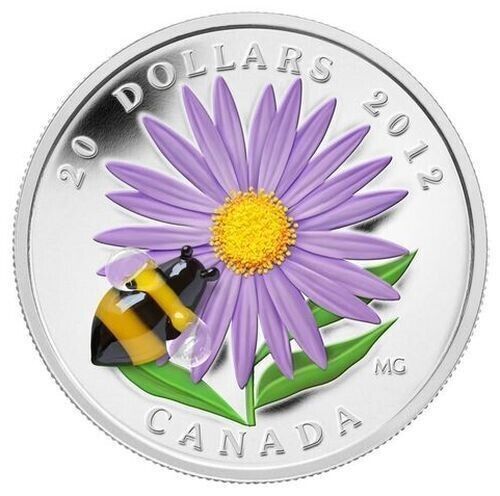 1 Oz Silver Coin 2012 $20 Canada Murano Italy Glass Aster with Bumble Bee-classypw.com-1