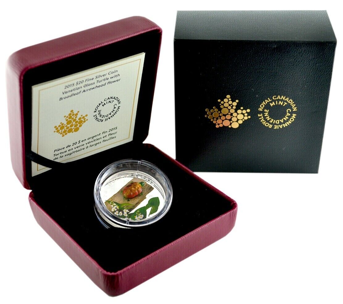 1 Oz Silver Coin 2015 $20 Canada Murano Glass Turtle Broadleaf Arrowhead Flower-classypw.com-7