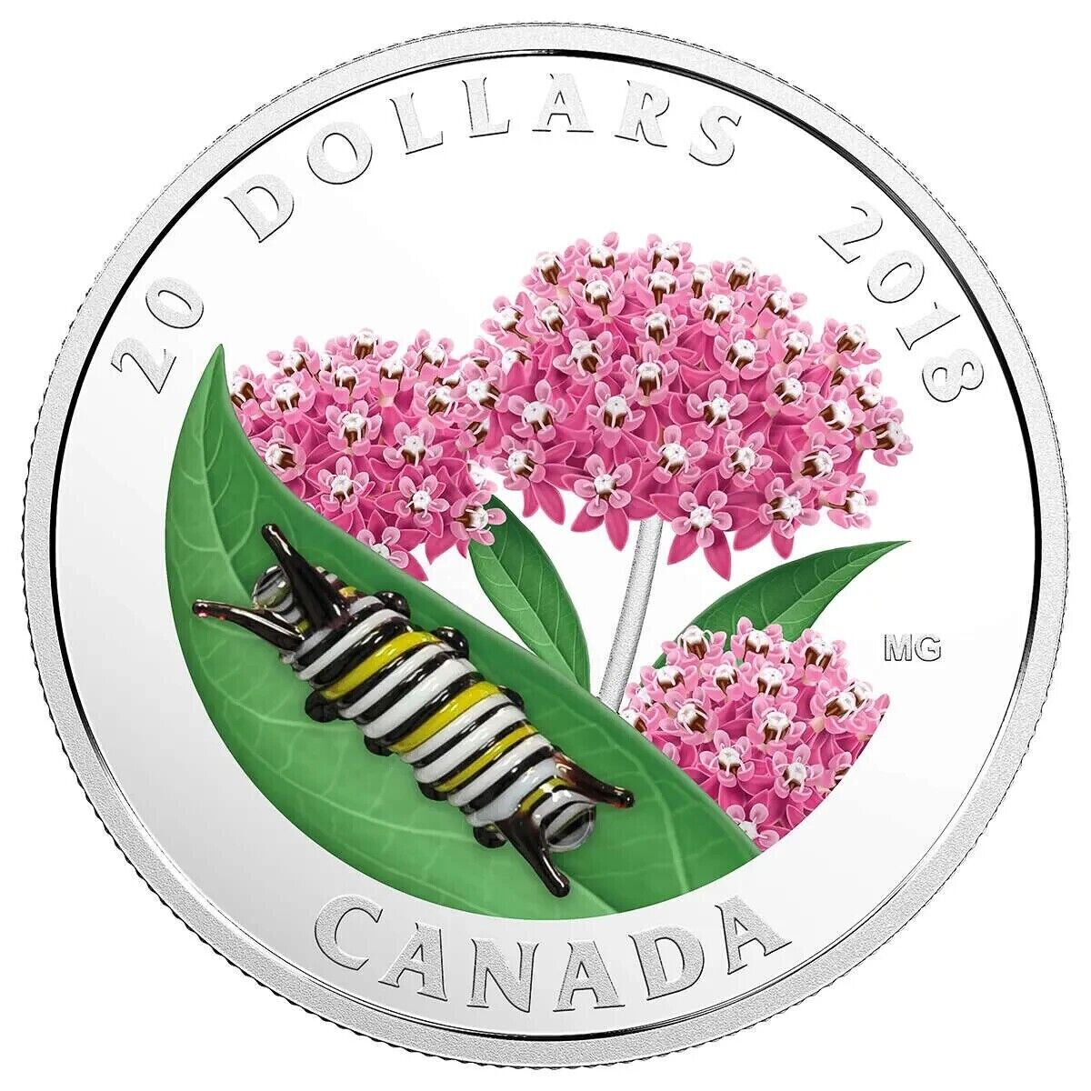 1 Oz Silver Coin 2018 $20 Canada Glass Little Creatures: Monarch Caterpillar-classypw.com-1