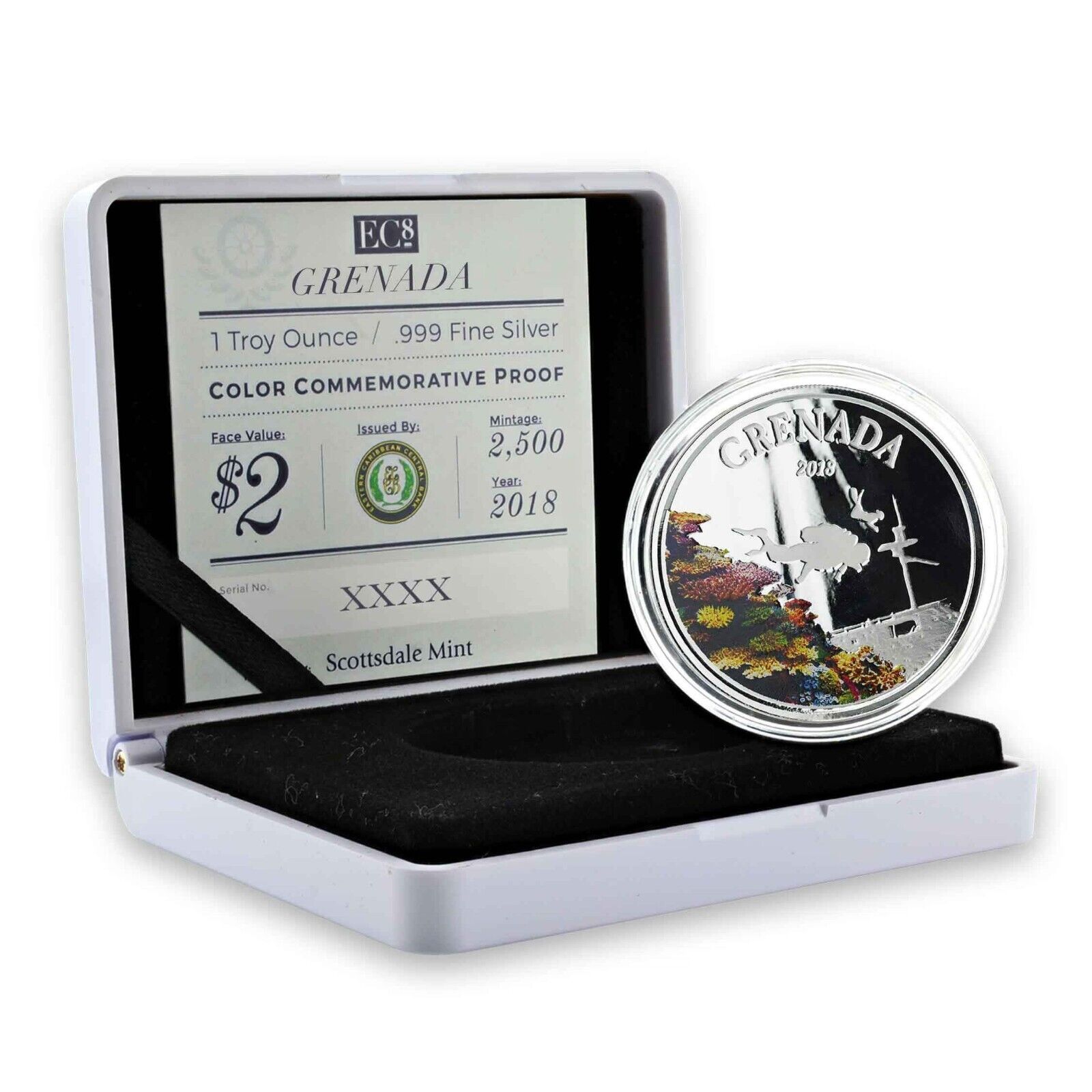 1 Oz Silver Coin 2018 EC8 Grenada $2 Scottsdale Mint Color Proof Diving Paradise-classypw.com-7
