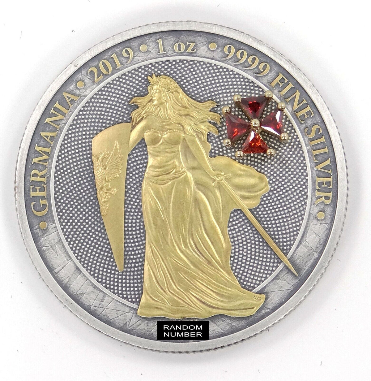 1 Oz Silver Coin 2019 5 Mark Germania - Antique Silver Red Crystal Cross-classypw.com-1