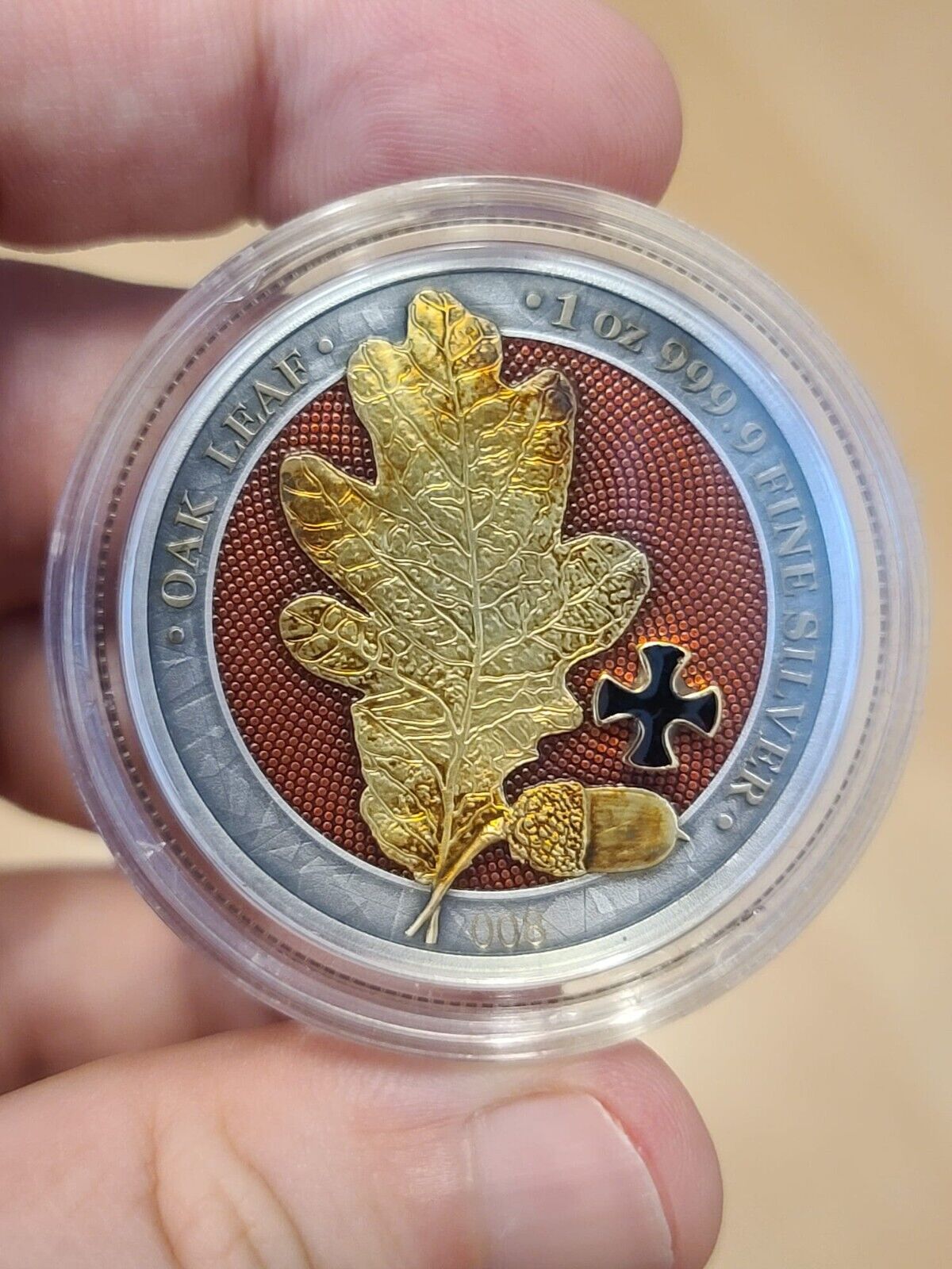 1 Oz Silver Coin 2019 5 Mark Germania Oak Leaf - Cross Gold Black LOW #008/250-classypw.com-1