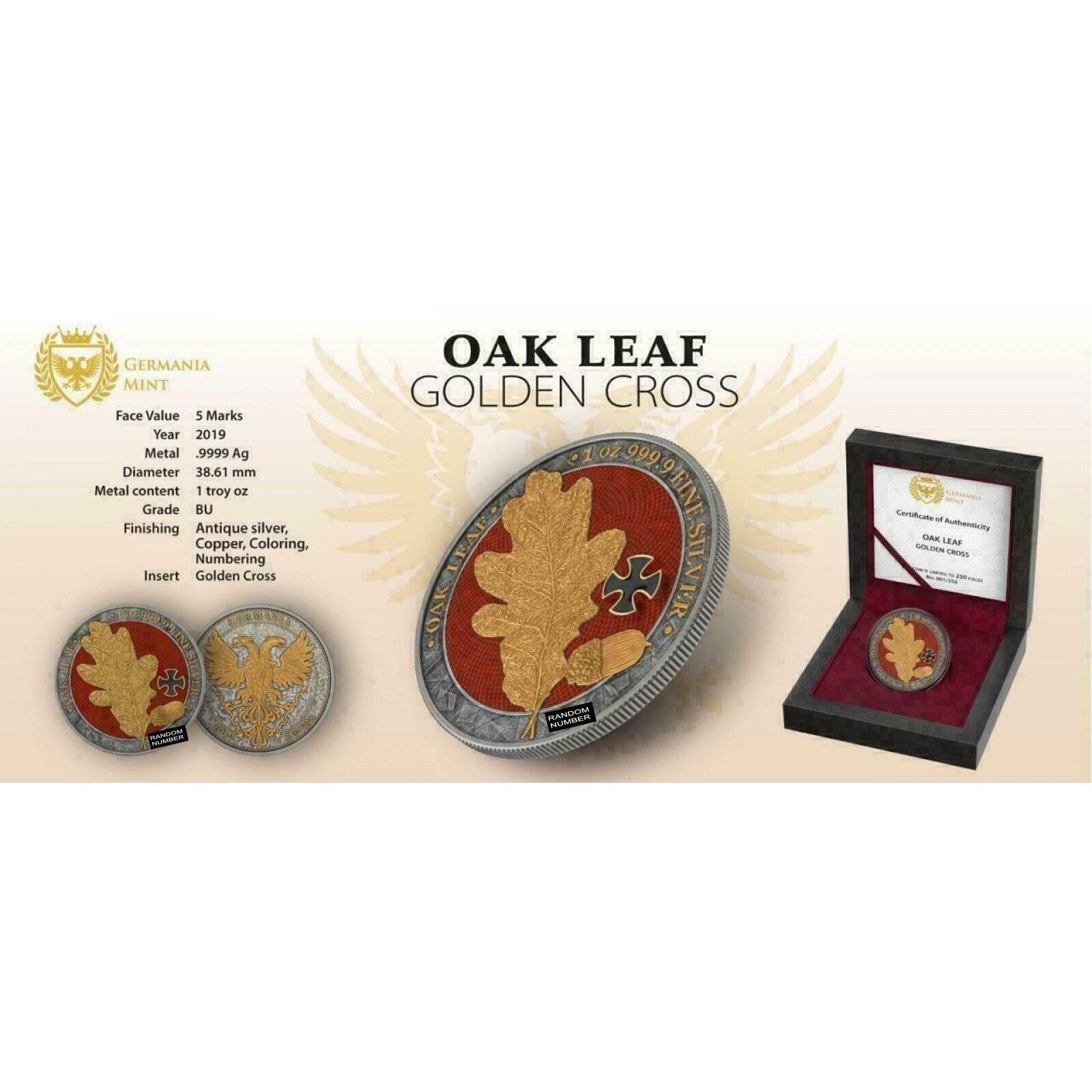 1 Oz Silver Coin 2019 5 Mark Germania Oak Leaf - Cross Gold Black 