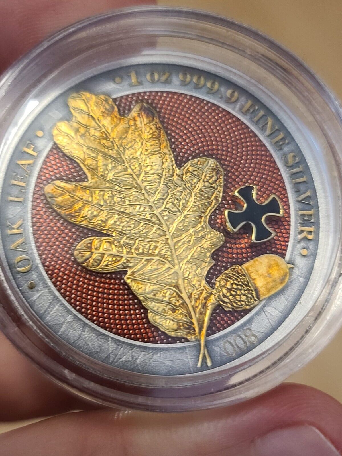 1 Oz Silver Coin 2019 5 Mark Germania Oak Leaf - Cross Gold Black LOW #008/250-classypw.com-2