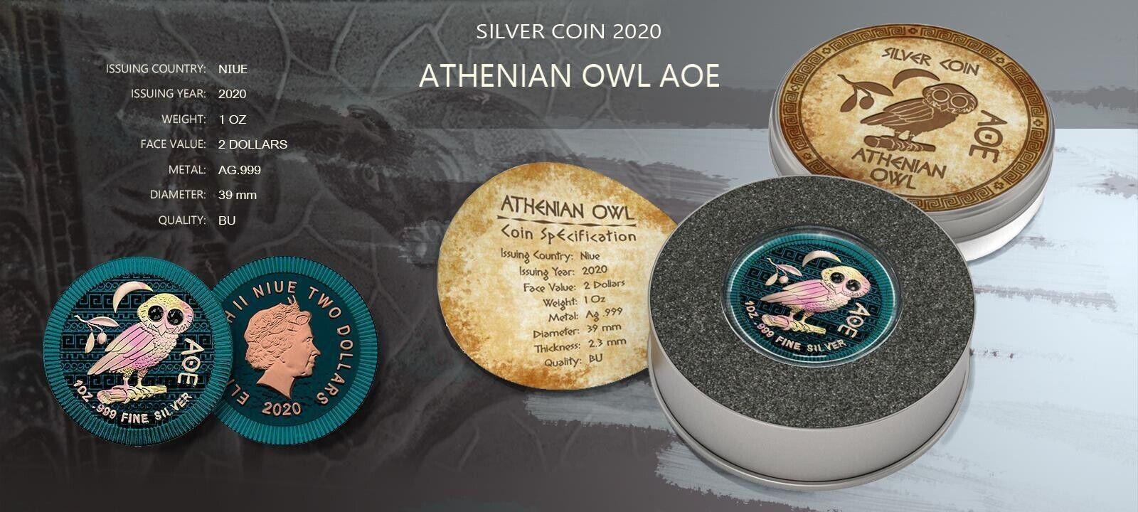 1 Oz Silver Coin 2020 $2 Niue Athenian Owl Swarovski Crystal Eyes - Black Eyes-classypw.com-4