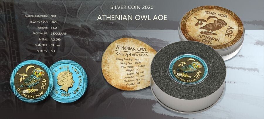 1 Oz Silver Coin 2020 $2 Niue Athenian Owl Swarovski Crystal Eyes - Sp -  classypw.com - 硬貨