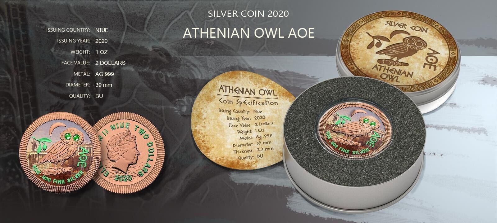 1 Oz Silver Coin 2020 $2 Niue Athenian Owl Swarovski Eyes - Athens-classypw.com-4