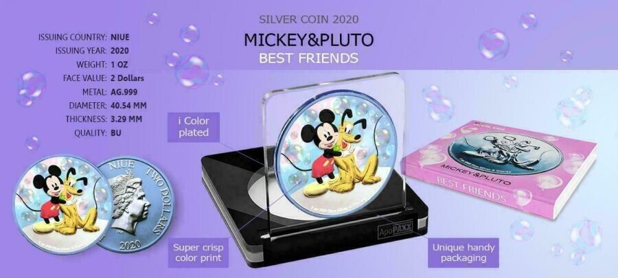 1 Oz Silver Coin 2020 $2 Niue Disney Mickey Mouse & Pluto Best Friends - Bubbles-classypw.com-4