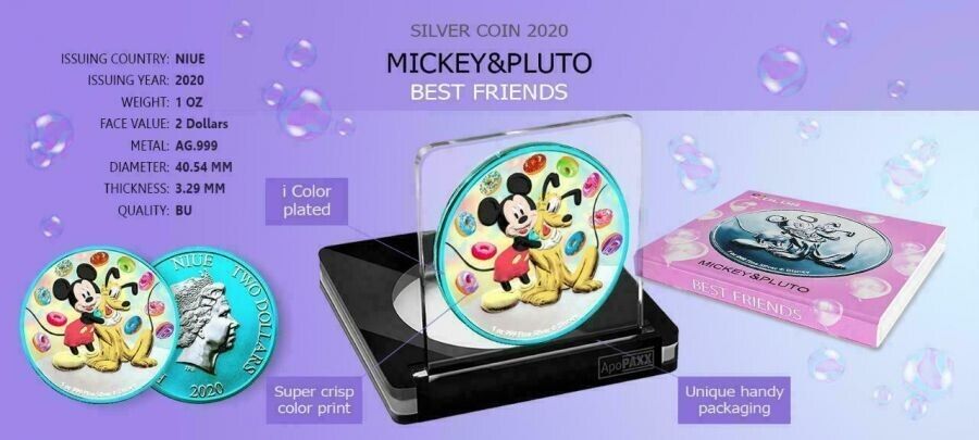 1 Oz Silver Coin 2020 $2 Niue Disney Mickey Mouse & Pluto Best Friends - Donuts-classypw.com-4