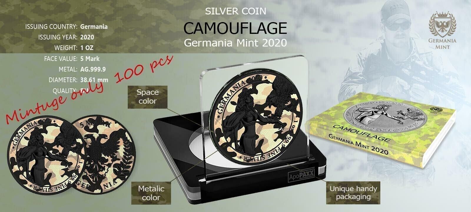 1 Oz Silver Coin 2020 5 Mark Germania Camouflage Edition - NTH. Africa-classypw.com-4