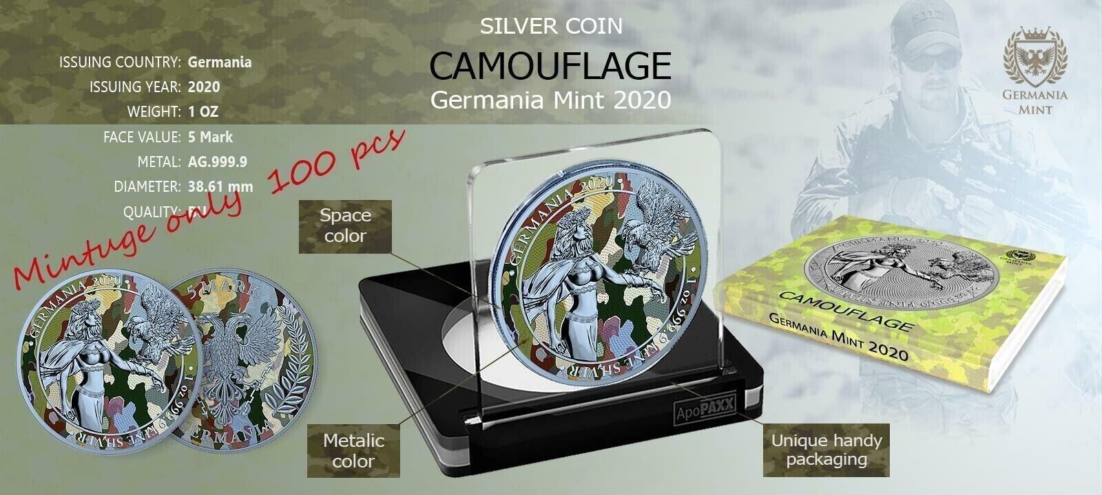 1 Oz Silver Coin 2020 5 Mark Germania Camouflage Edition - Normandia-classypw.com-4