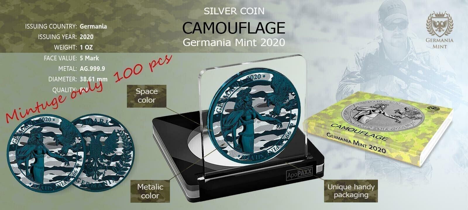 1 Oz Silver Coin 2020 5 Mark Germania Camouflage Edition - Sylt-classypw.com-4