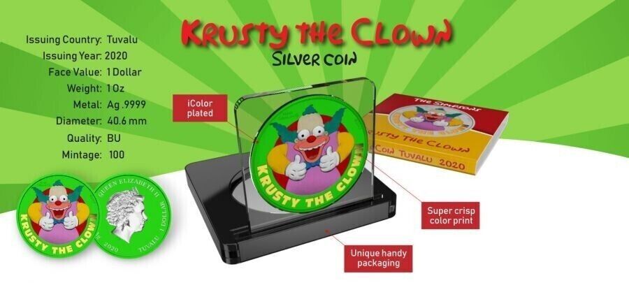 1 Oz Silver Coin 2020 Tuvalu $1 The Simpsons - Krusty the Clown Space Green-classypw.com-4