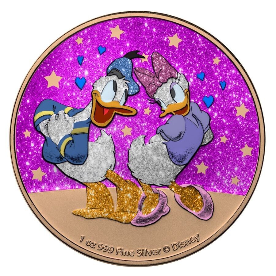 1 Oz Silver Coin 2021 $2 Disney Donald and Daisy Duck in Love Pink Glitter-classypw.com-1