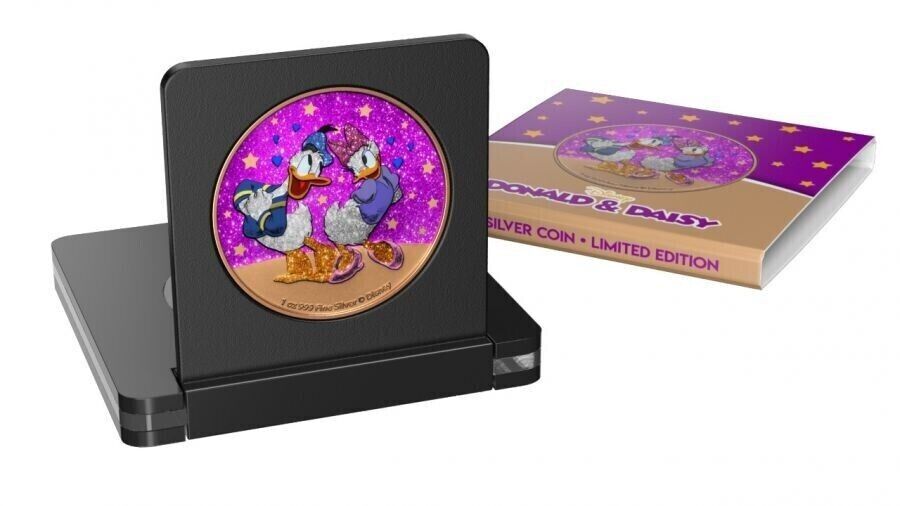 1 Oz Silver Coin 2021 $2 Disney Donald and Daisy Duck in Love Pink Glitter-classypw.com-3