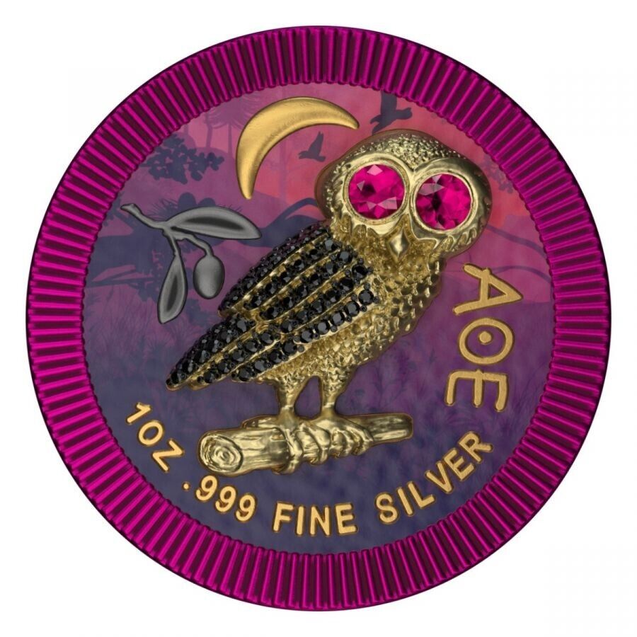 1 Oz Silver Coin 2021 $2 Niue Athenian Owl Swarovski Bejeweled - Purple Night-classypw.com-1