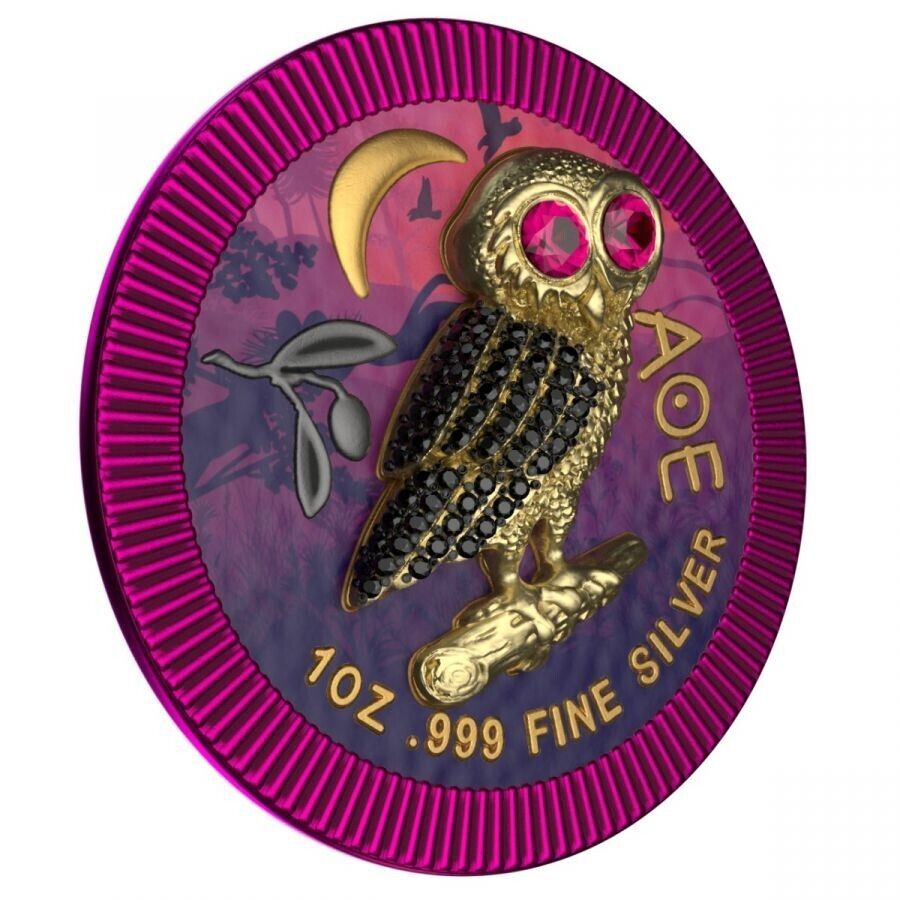 1 Oz Silver Coin 2021 $2 Niue Athenian Owl Swarovski Bejeweled - Purple Night-classypw.com-2