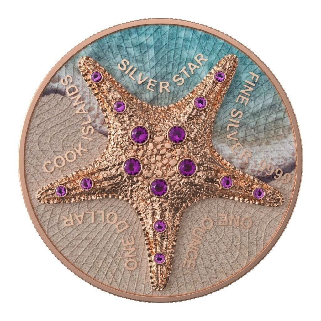 1 Oz Silver Coin 2021 Cook Islands $1 Sea Star Beach Pink Gold Star Crystals-classypw.com-1