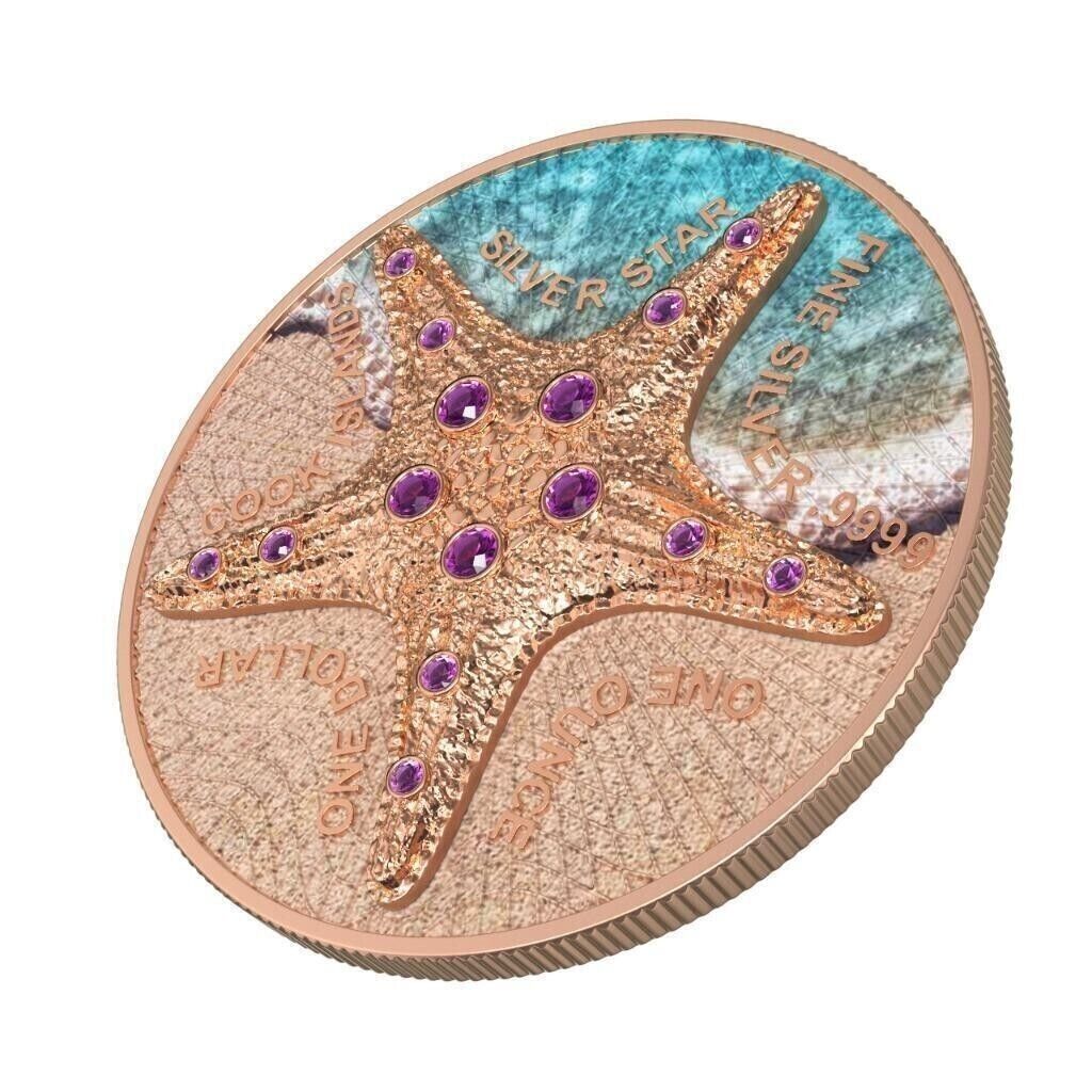 1 Oz Silver Coin 2021 Cook Islands $1 Sea Star Beach Pink Gold Star Crystals-classypw.com-2