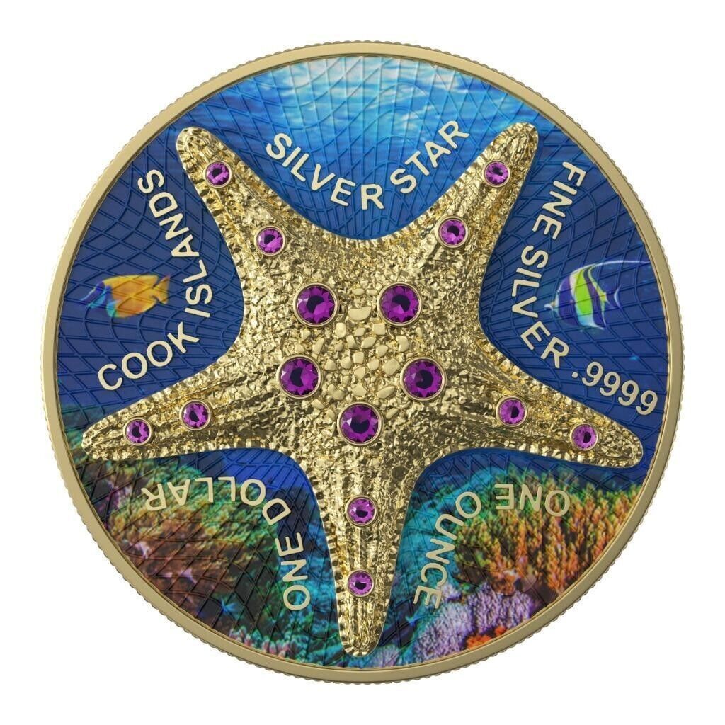 1 Oz Silver Coin 2021 Cook Islands $1 Sea Star Seabed Yellow Gold Star-classypw.com-1