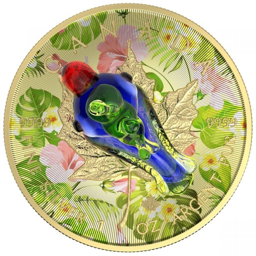 1 Oz Silver Coin 2022 $5 Canada Maple Leaf Murano Glass Series - Parrot-classypw.com-4