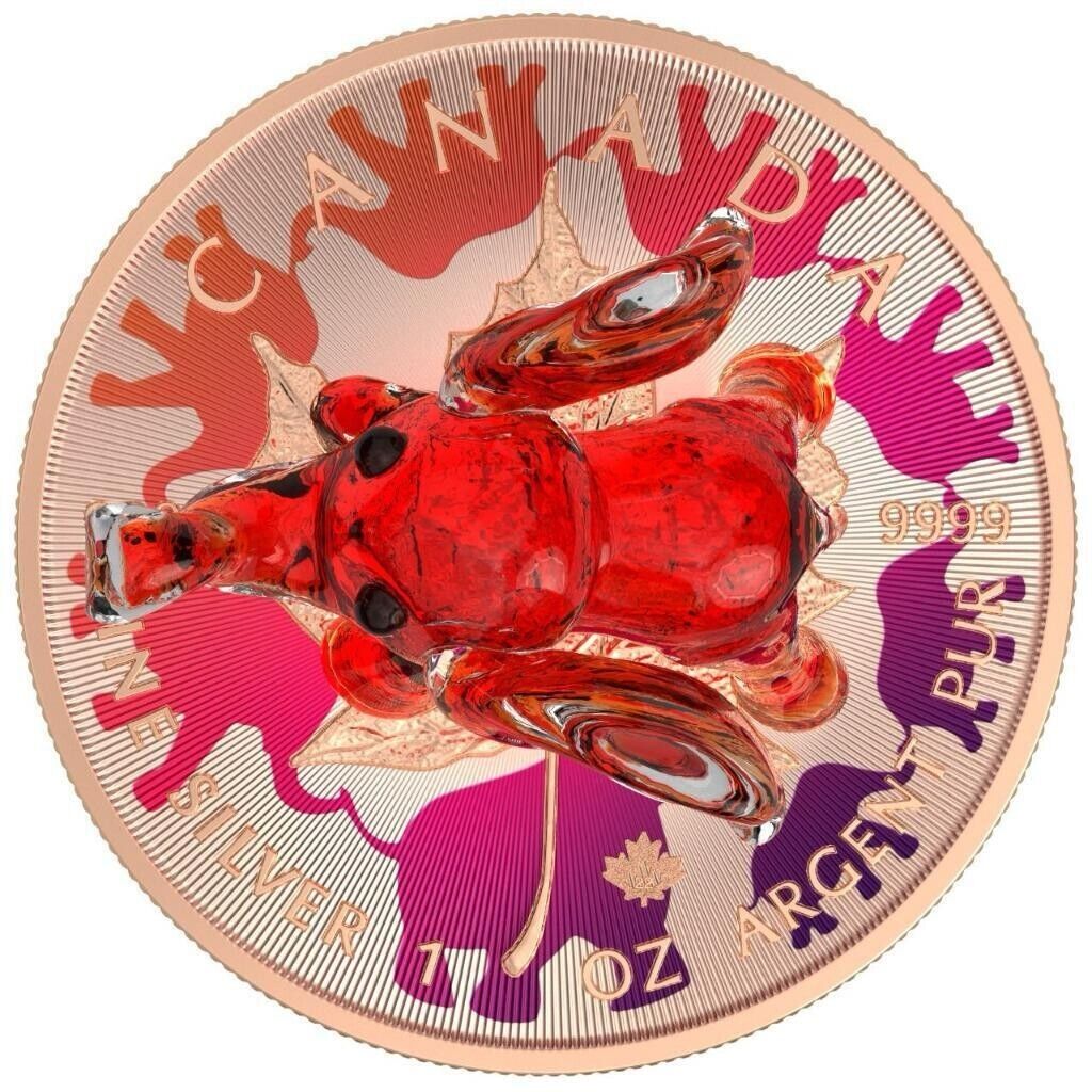 1 Oz Silver Coin 2022 $5 Canada Maple Leaf Murano Glass Series - Red Elephant-classypw.com-4