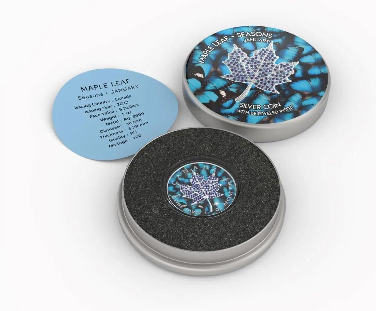 1 Oz Silver Coin 2022 Canada $5 Maple Leaf Seasons January Bejeweled Leaf Insert-classypw.com-4