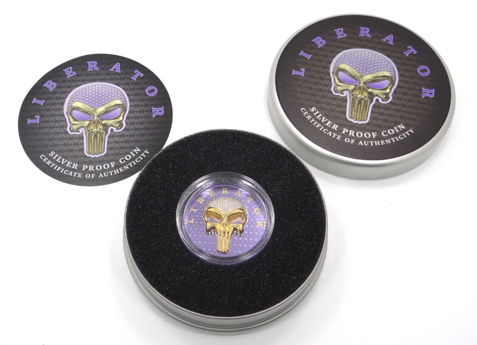 1 Oz Silver Coin Dark Side 2021 THE LIBERATOR Skull Gold / Violet Swarovski-classypw.com-5