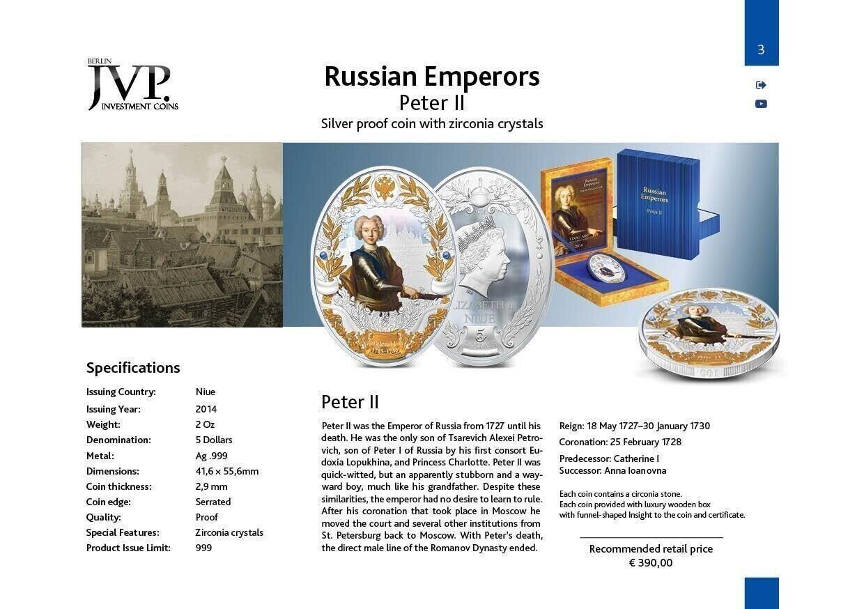 2 Oz Silver Coin 2014 Niue $5 Russian Emperors Proof Coin - Peter II 1715-1730-classypw.com-9