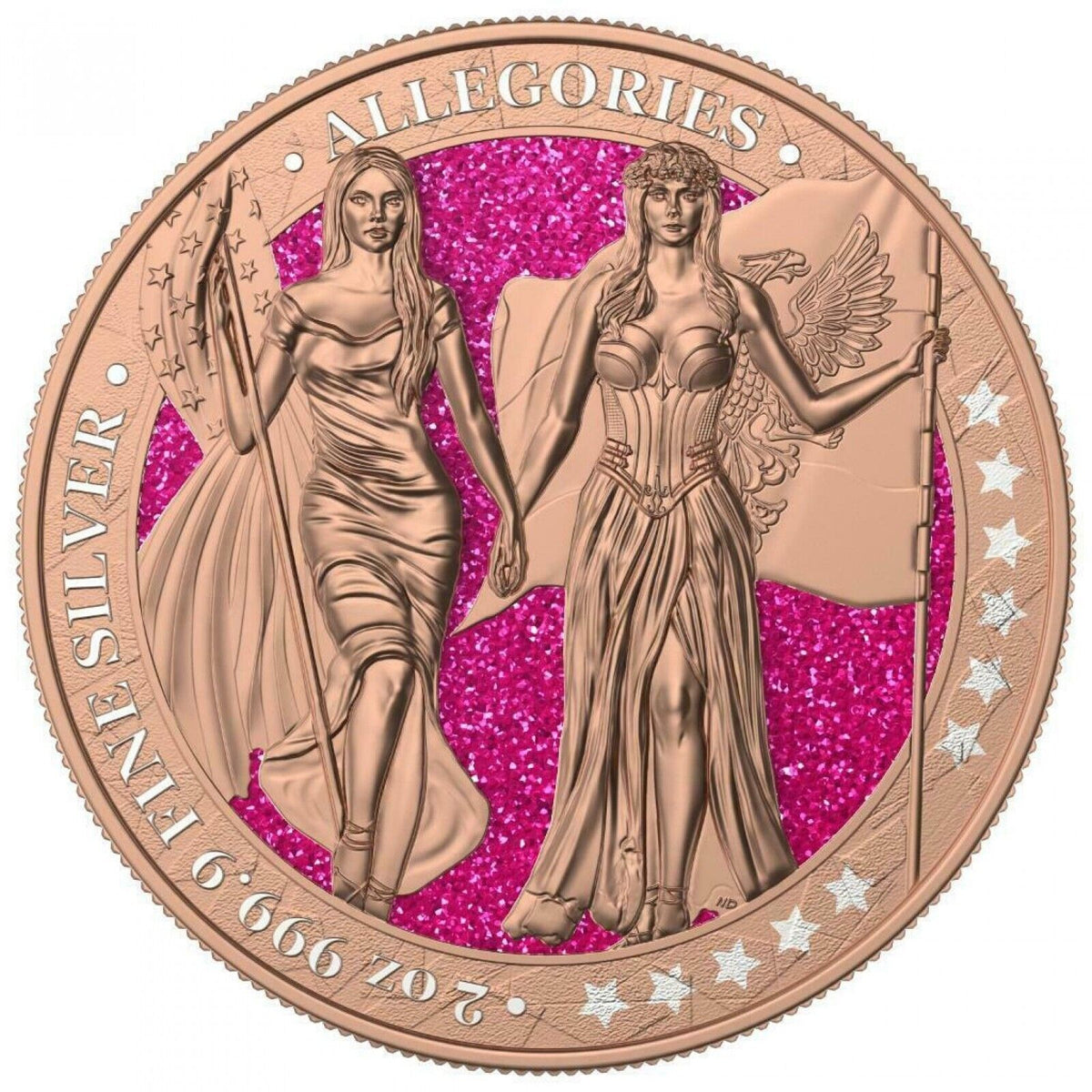 2 Oz Silver Coin 2019 10 Mark Columbia &amp; Germania - Gilded Pink Diamond Dust-classypw.com-1