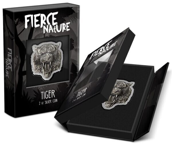 2 Oz Silver Coin 2022 Niue $5 Fierce Nature Tiger Silver Antiqued Shaped Coin