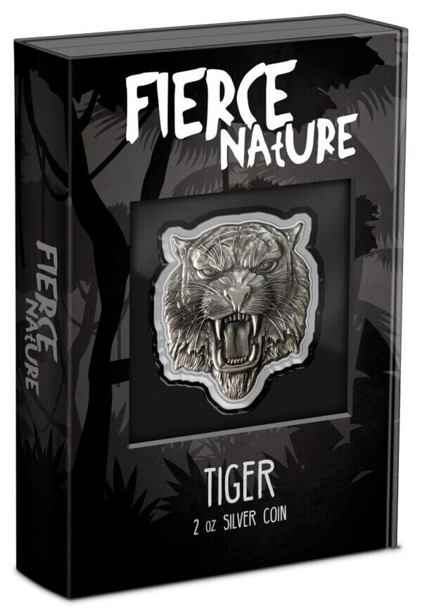 2 Oz Silver Coin 2022 Niue $5 Fierce Nature Tiger Silver Antiqued Shaped Coin