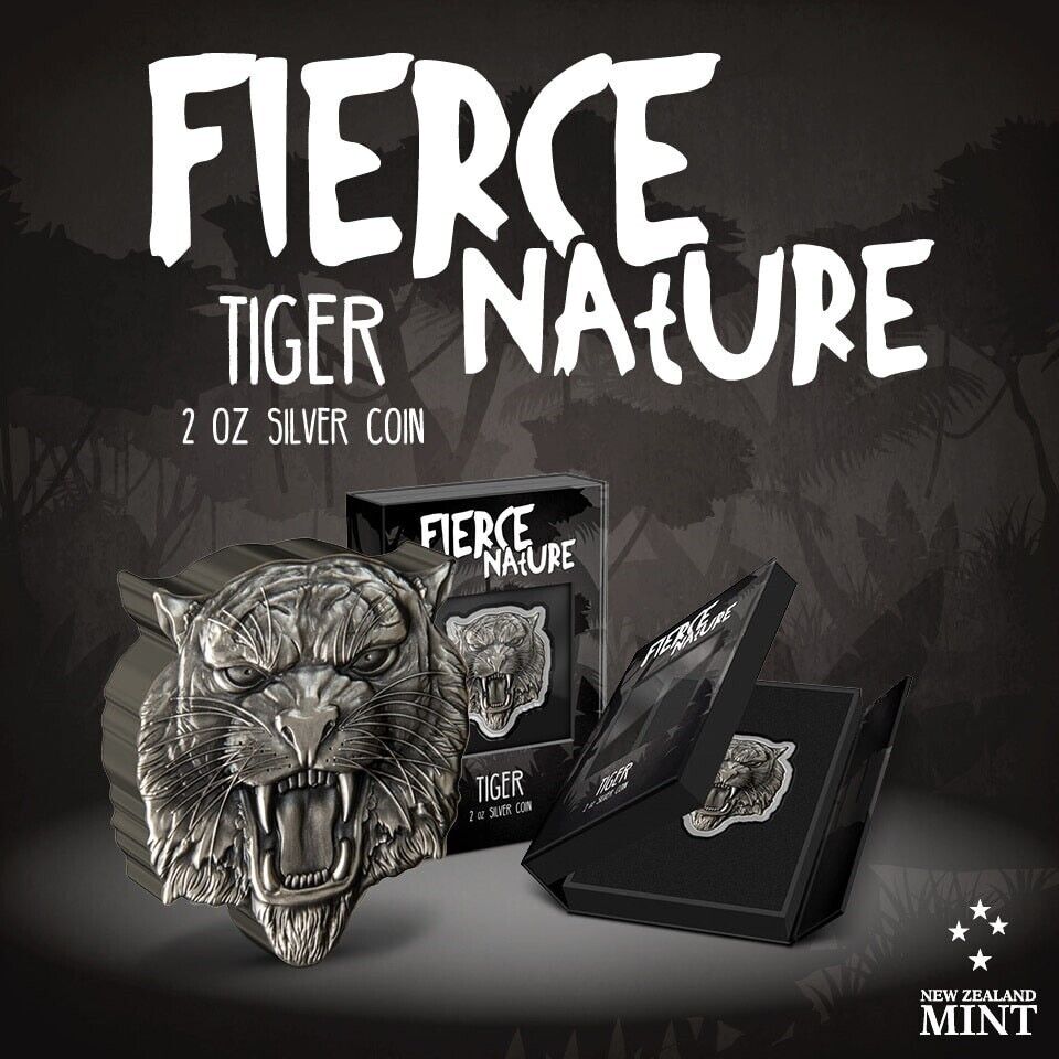 2 Oz Silver Coin 2022 Niue $5 Fierce Nature Tiger Silver Antiqued Shaped Coin