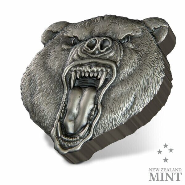 2 Oz Silver Coin 2023 Niue $5 Fierce Nature Grizzly Bear Antiqued Shaped Coin