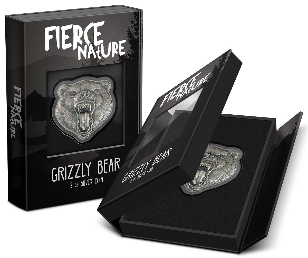 2 Oz Silver Coin 2023 Niue $5 Fierce Nature Grizzly Bear Antiqued Shaped Coin