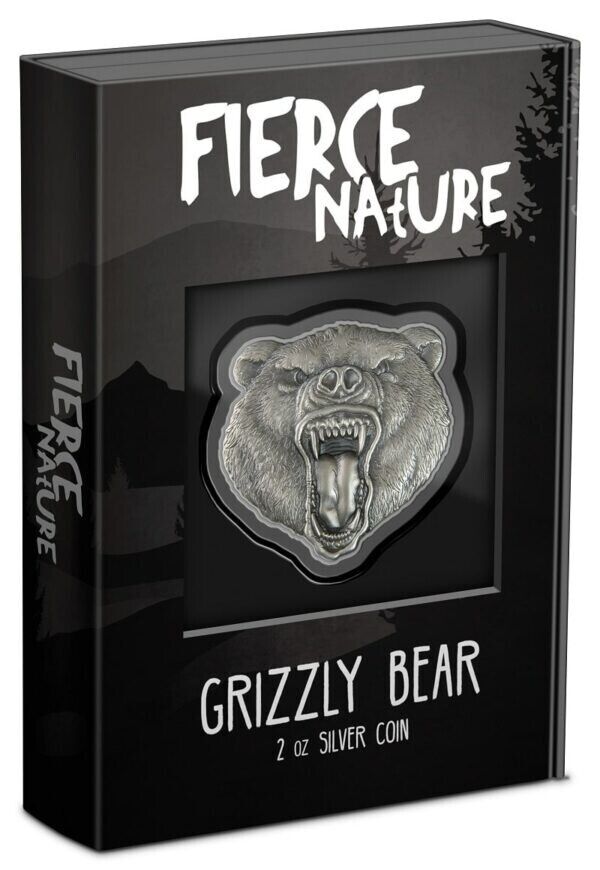 2 Oz Silver Coin 2023 Niue $5 Fierce Nature Grizzly Bear Antiqued Shaped Coin