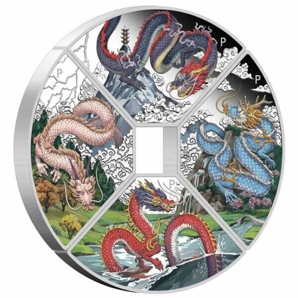 4 X 1 oz Silver Coin 2024 Australian Year of the Dragon Color Quadrant Coin Set