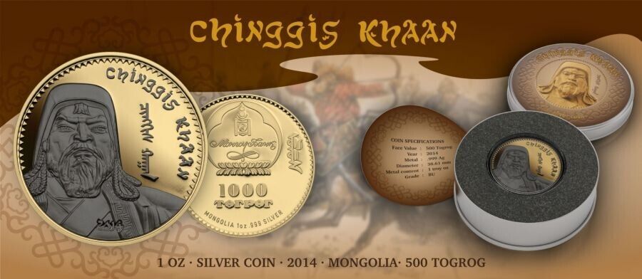 1 Oz Silver Coin 2014 500 Togrog Mongolia Chinggis Khaan Genghis Khan - Gold-classypw.com-4