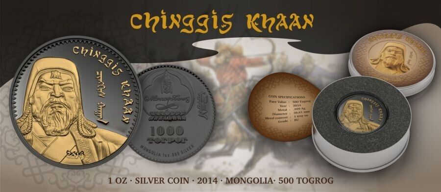 1 Oz Silver Coin 2014 500 Togrog Mongolia Chinggis Khaan Genghis Khan -  classypw.com