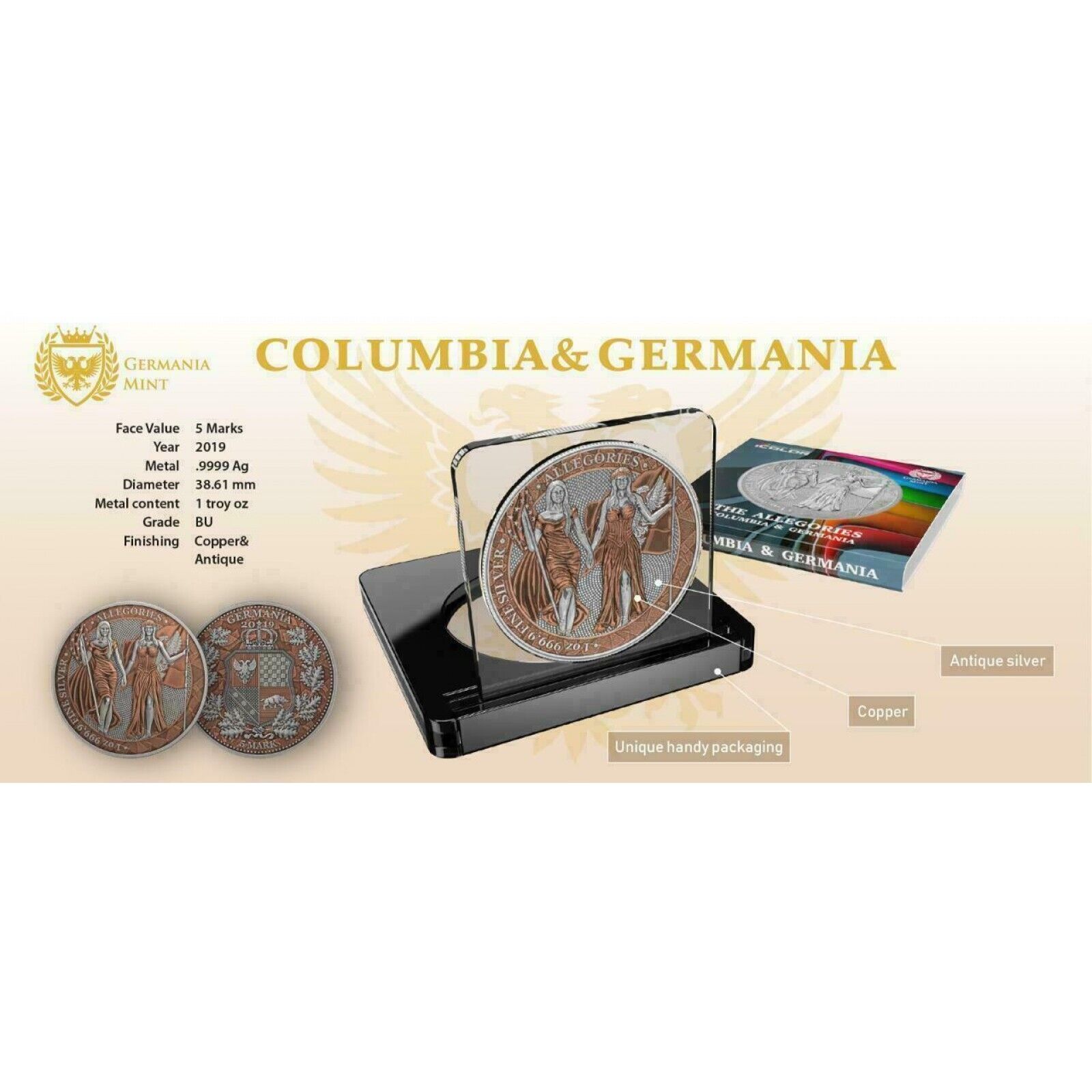 1 Oz Silver Coin 2019 5 Mark Columbia & Germania Allegories - Antique Copper-classypw.com-4