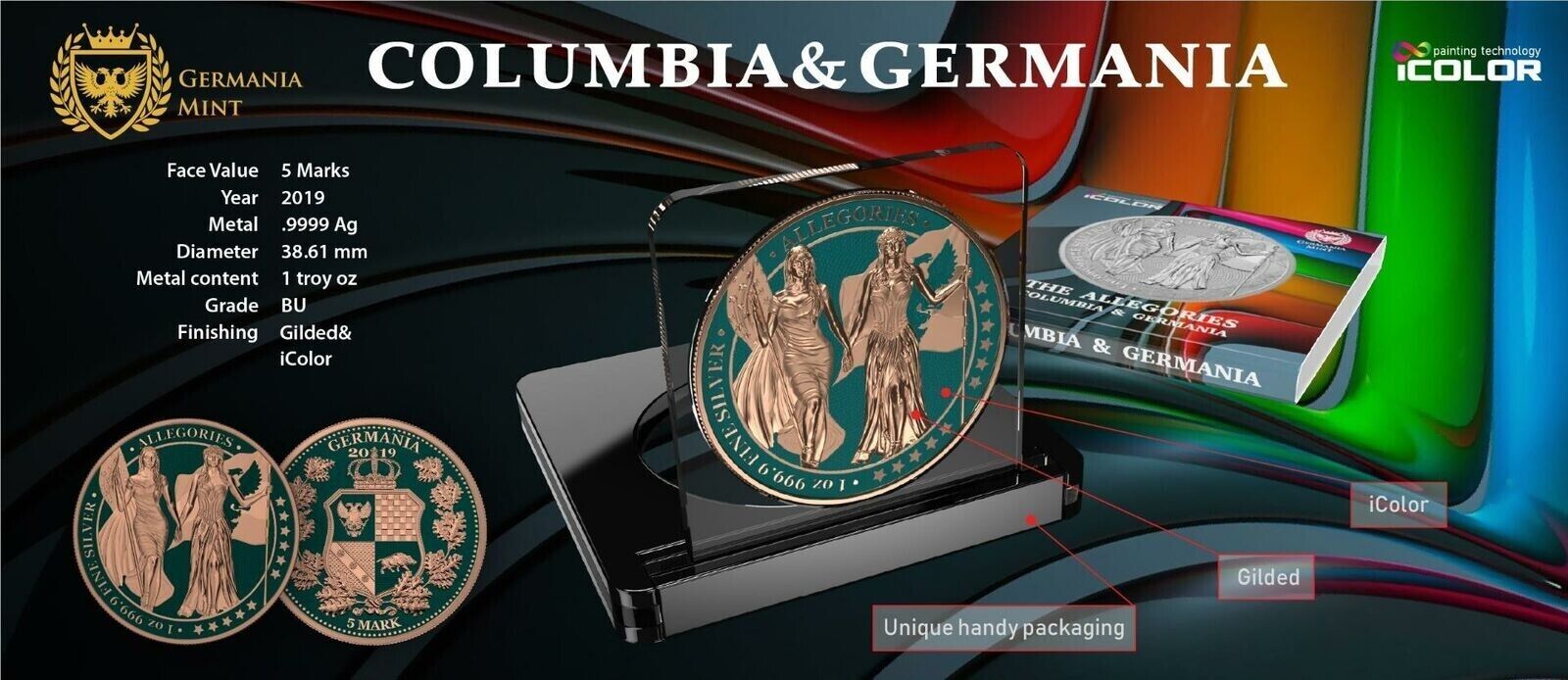 1 Oz Silver Coin 2019 5 Mark Columbia & Germania Allegories - Dark Green Gilded-classypw.com-4