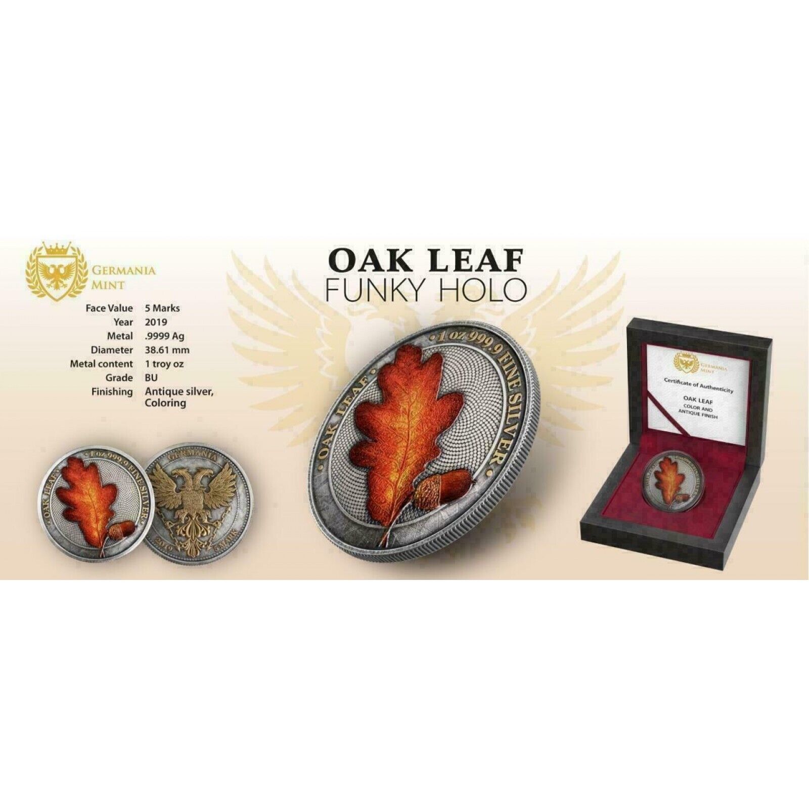 1 Oz Silver Coin 2019 5 Mark Germania Oak Leaf - Funky Holo Antique Silver-classypw.com-5