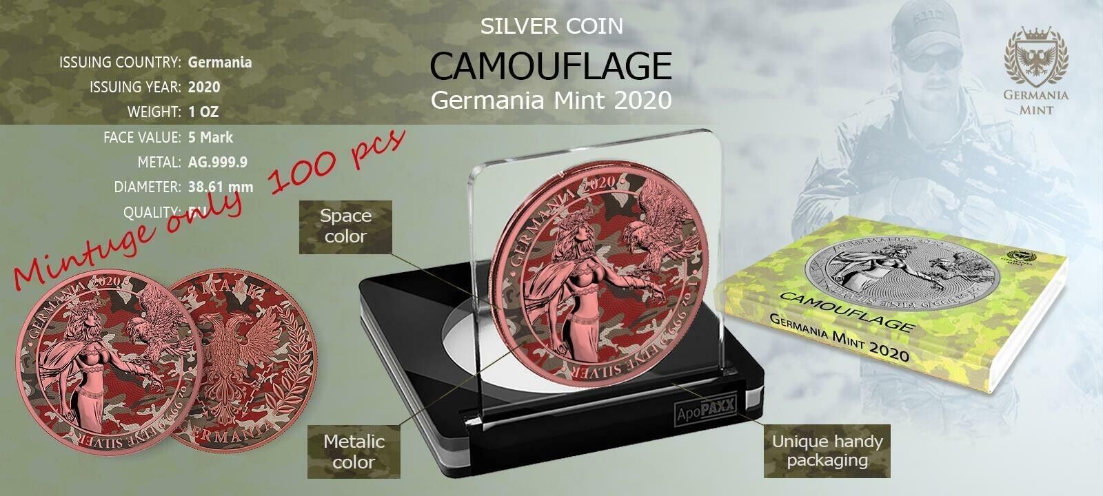 1 Oz Silver Coin 2020 5 Mark Germania Camouflage Edition - Barbarossa-classypw.com-4