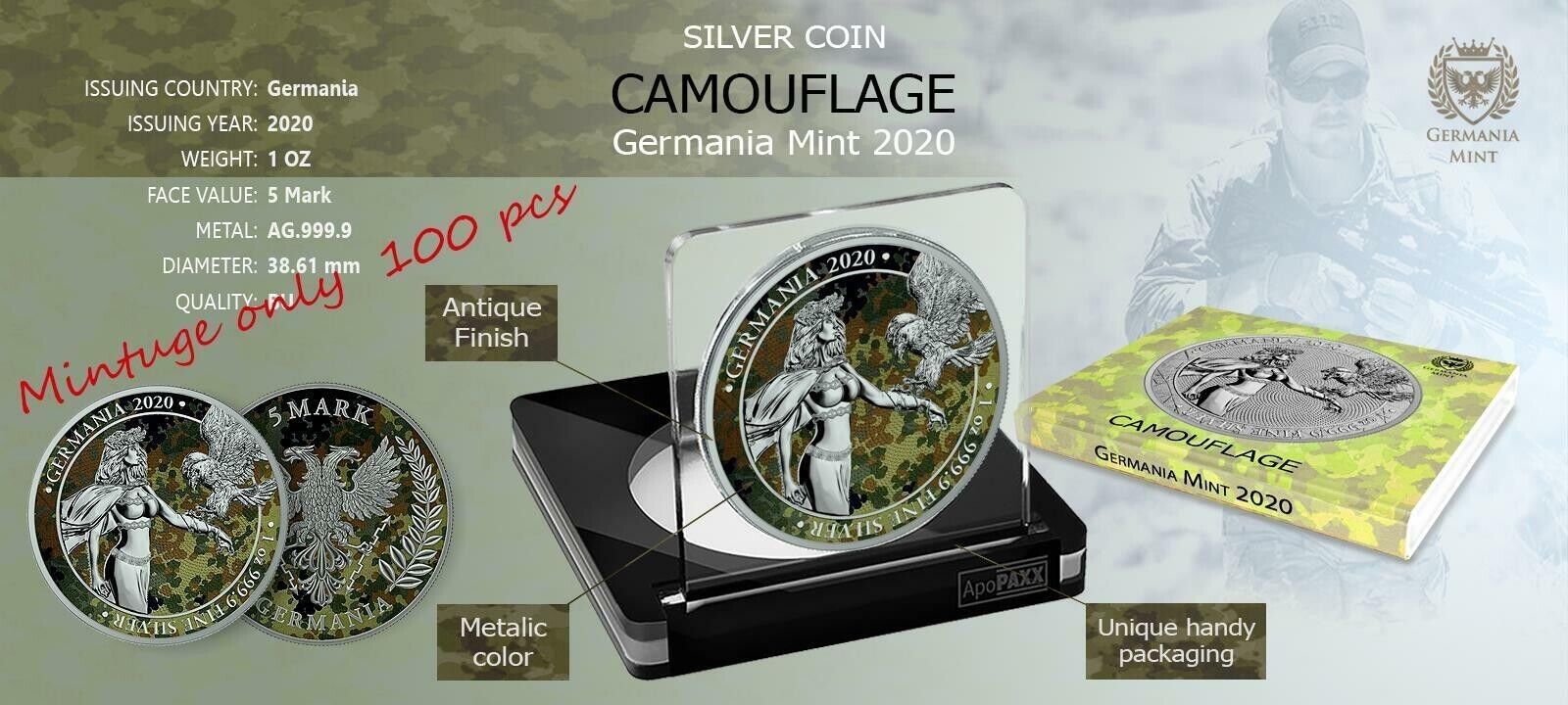 1 Oz Silver Coin 2020 5 Mark Germania Camouflage Edition - Berlin-classypw.com-4