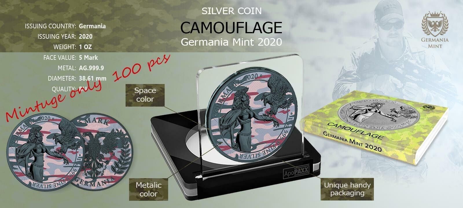 1 Oz Silver Coin 2020 5 Mark Germania Camouflage Edition - Caucasus-classypw.com-4