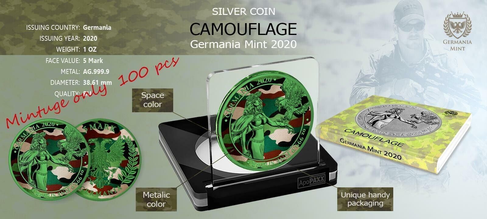 1 Oz Silver Coin 2020 5 Mark Germania Camouflage Edition - Kursk-classypw.com-4